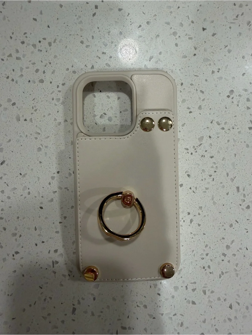 Cream Phone Case With Gold Ring Holder And Wallet - iPhone 14 Pro